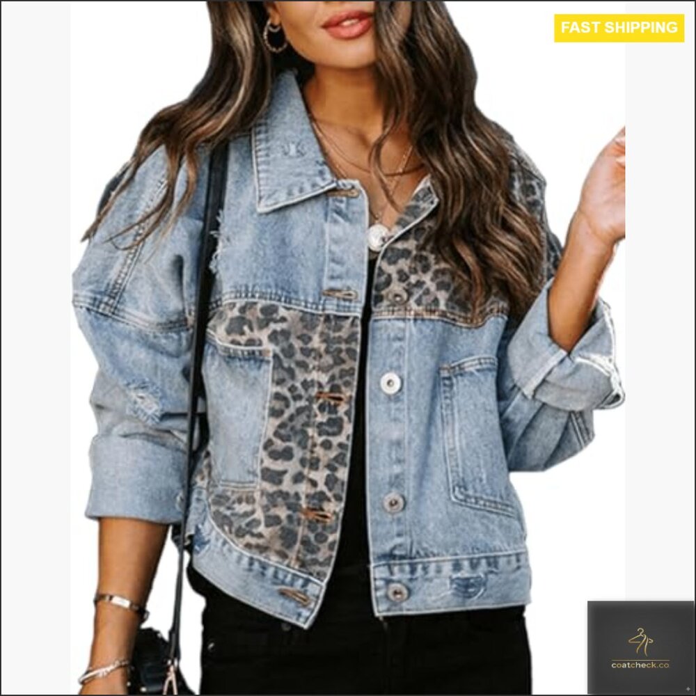 Distressed Denim Jacket Leopard Patchwork Cropped… - image 4
